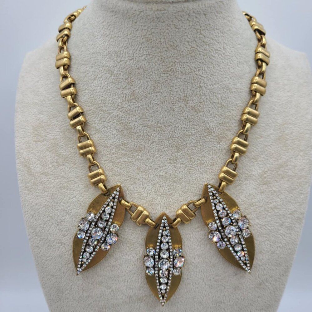 J Crew Vintage Art Deco Gold Tone Clear Crystal Statement Necklace